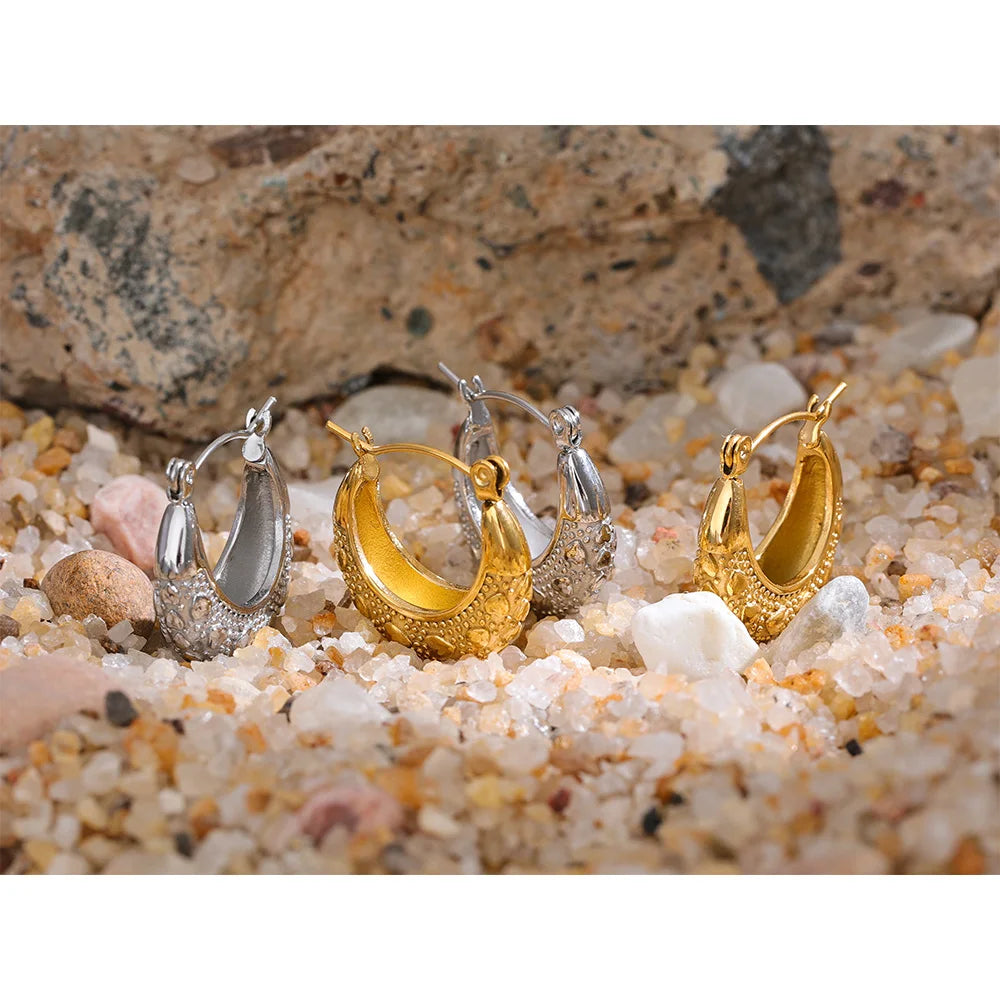 Yhpup 316l aço inoxidável coração geométrico hoop brincos 18k pvd banhado metal textura charme jóias orecchini da donna presente