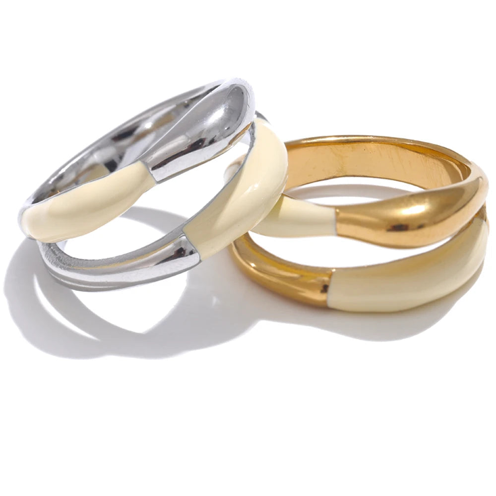 Yhpup anel requintado de aço inoxidável bege esmalte moda 18k ouro platina pvd banhado diariamente joias de dedo bijuterias para mulheres