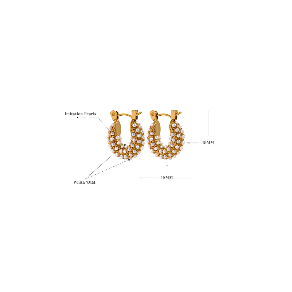 Yhpup brincos de argola pequenos de luxo em aço inoxidável, vintage, delicado, imitação de pérolas, textura, cor dourada, joias da moda à prova d'água