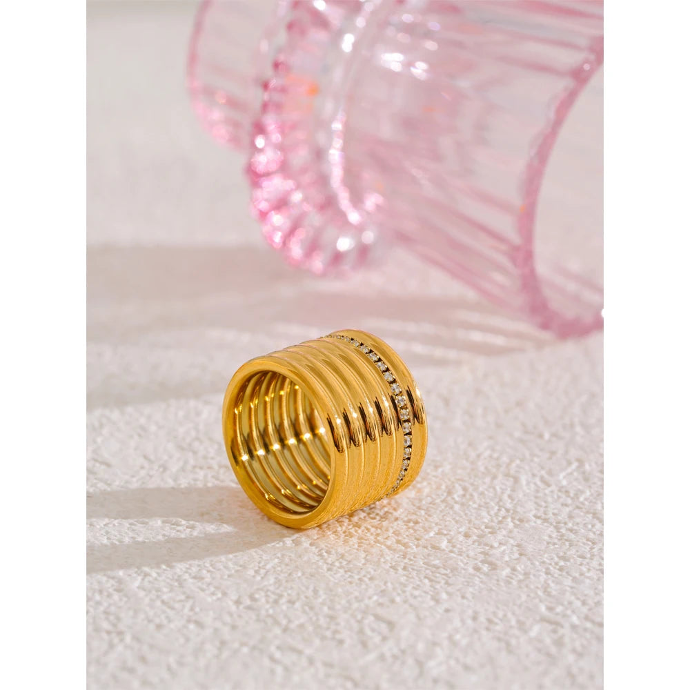 Yhpup 18k pvd banhado a zircônia incrustada em camadas anel largo redondo 316l aço inoxidável popular 2025 acessórios de joias presente