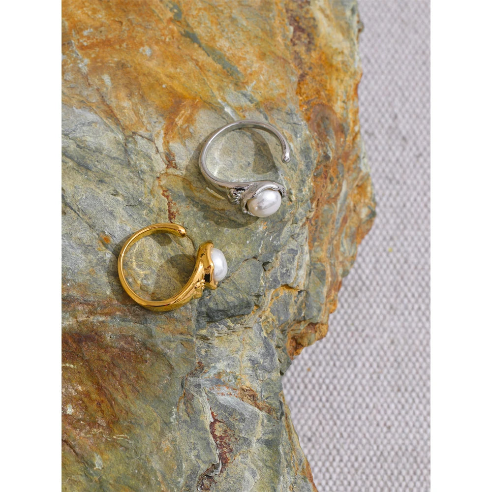 Yhpup elegante moda simulada pérolas aberto ajustável chique anel para mulher 316l aço inoxidável na moda coreano jóias presente