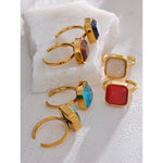 Yhpup opala colorida natural olho de gato pedra aço inoxidável quadrado aberto anel de alta qualidade à prova de ferrugem cor dourada joias de dedo