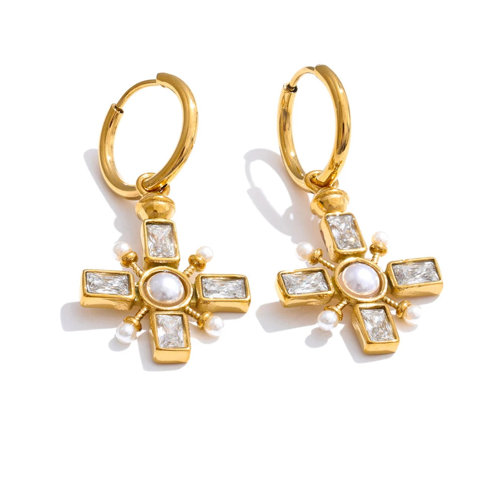Yhpup brincos de argola com pérolas de zircônia, alta qualidade, cruz, aço inoxidável dourado, temperamento, joias diárias, presente