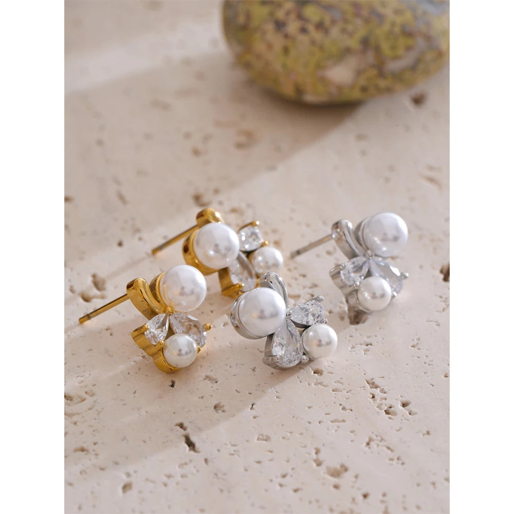 Yhpup suave pérola bling zircônia cúbica flor delicado brincos mancha resistente aço inoxidável chique doce jóias presente