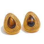 Yhpup gota de água pedra natural moda geométrica diária brincos vintage tigre lápis-lazúli charme jóias cor ouro pvd