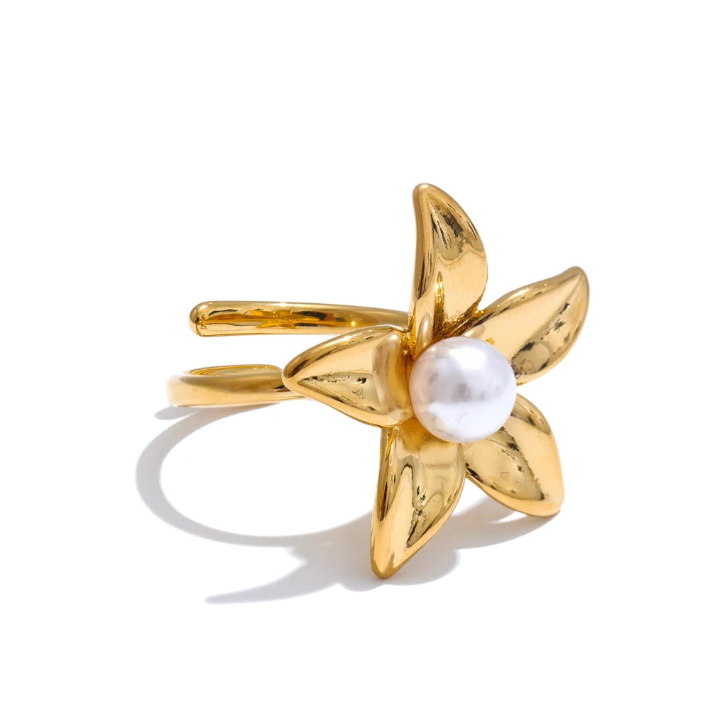 Yhpup tendência estilo metal flor pérola ajustável chique anel para mulheres 316l aço inoxidável moda jóias acessórios presente