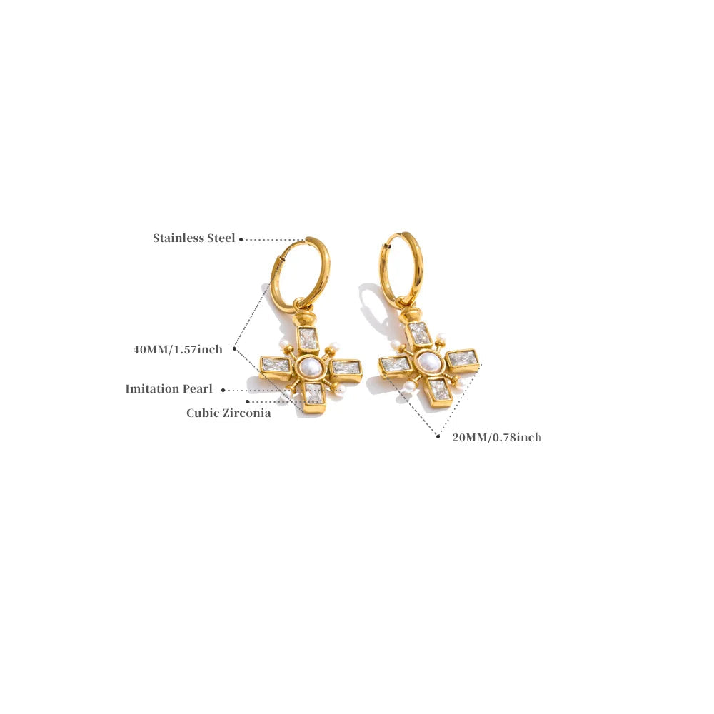 Yhpup brincos de argola com pérolas de zircônia, alta qualidade, cruz, aço inoxidável dourado, temperamento, joias diárias, presente