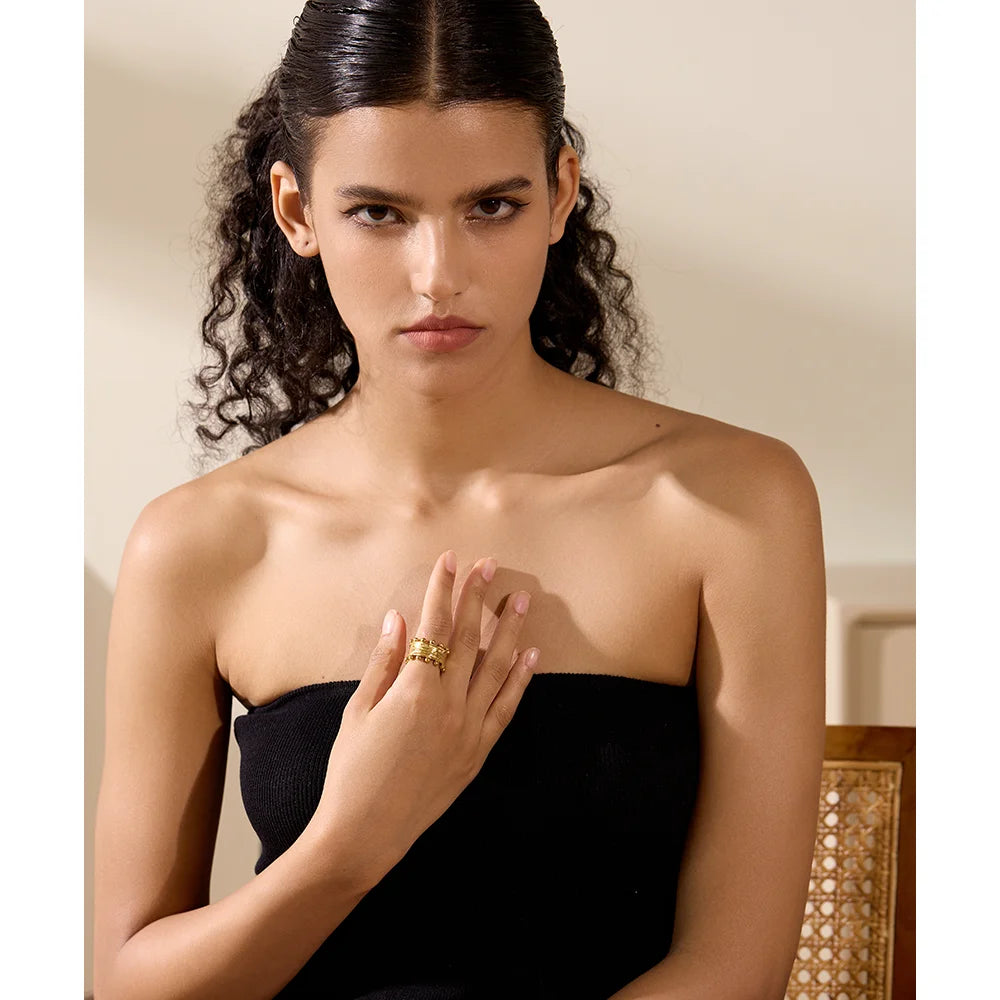 Yhpup 316l aço inoxidável moda anel largo feminino textura de declaração cor ouro 18k pvd banhado à prova dwaterproof água frança dedo jóias