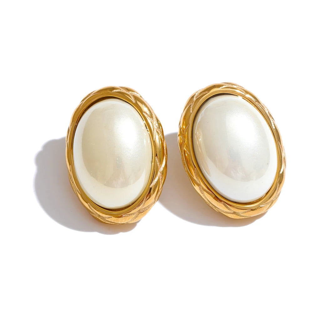 Yhpup estilo coreano amarelo simulado pérola oval brincos para mulheres de aço inoxidável 18k pvd banhado diariamente moda jóias presente