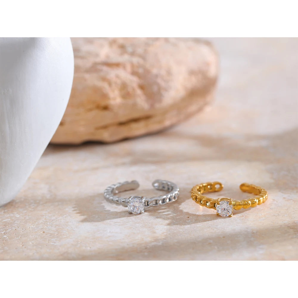 Yhpup popular corrente de metal de aço inoxidável zircônia cúbica aberto anel ajustável 18k pvd banhado requintado moda jóias atacado