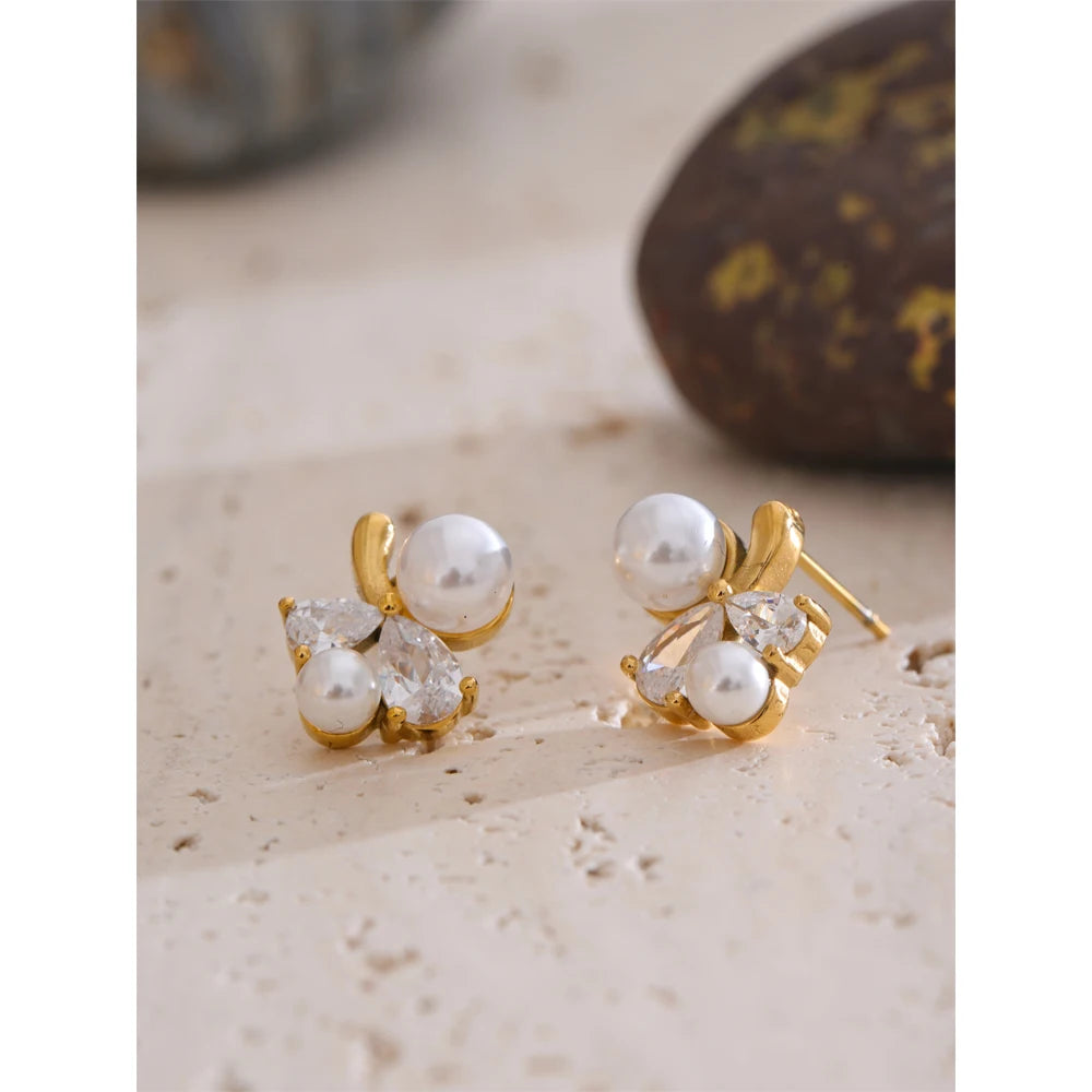 Yhpup suave pérola bling zircônia cúbica flor delicado brincos mancha resistente aço inoxidável chique doce jóias presente
