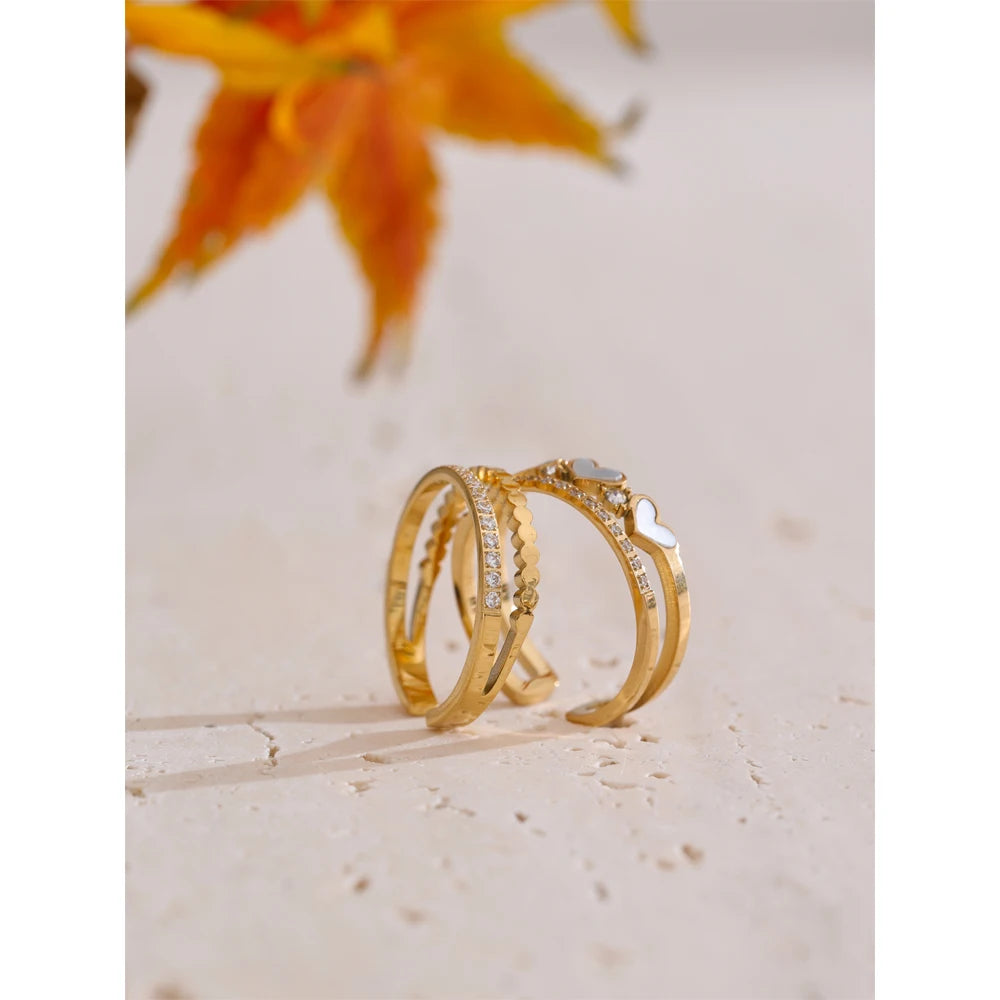 Yhpup requintado natural concha coração zircônia anel de dupla camada 18k cor ouro pvd banhado a aço inoxidável joias ajustáveis