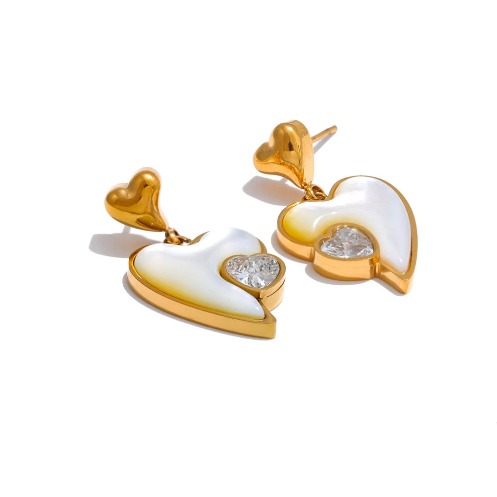 Yhpup exclusivo concha natural zircônia coração amor brincos de alta qualidade aço inoxidável banhado a pvd joias requintadas