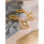 Yhpup brincos de argola com pérolas de zircônia, alta qualidade, cruz, aço inoxidável dourado, temperamento, joias diárias, presente