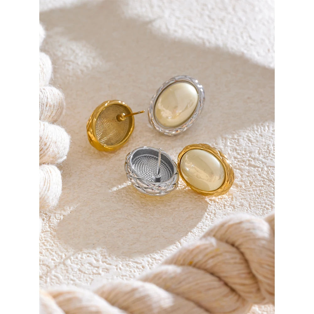 Yhpup estilo coreano amarelo simulado pérola oval brincos para mulheres de aço inoxidável 18k pvd banhado diariamente moda jóias presente