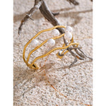 Yhpup 65mm elegância simulada pérolas em camadas oco manguito pulseira 18k cor de ouro aço inoxidável chique jóias de pulso