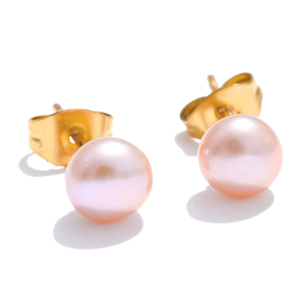 Yhpup 6mm de alta qualidade branco rosa natural pão de água doce pérola pequenos brincos femininos aço inoxidável jóias diárias presente