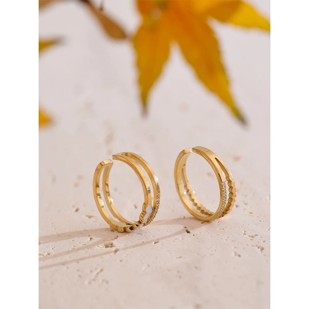 Yhpup requintado natural concha coração zircônia anel de dupla camada 18k cor ouro pvd banhado a aço inoxidável joias ajustáveis