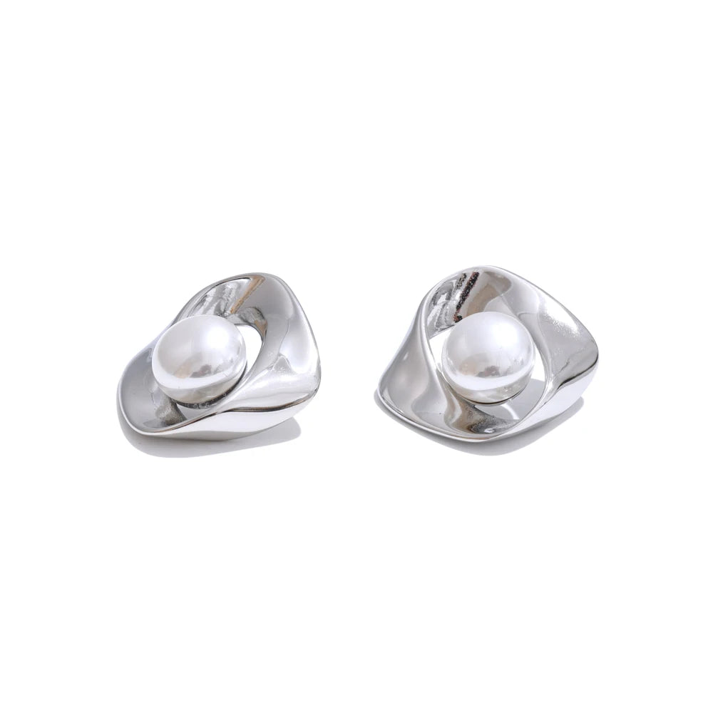 Yhpup estilo coreano imitação de pérola geométrica irregular brinco moda aço inoxidável diário versátil jóias à prova dwaterproof água