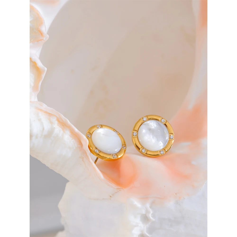 Yhpup alta qualidade moda concha natural zircônia brincos evitar alergia metal dourado premium jóias diárias à prova dwaterproof água