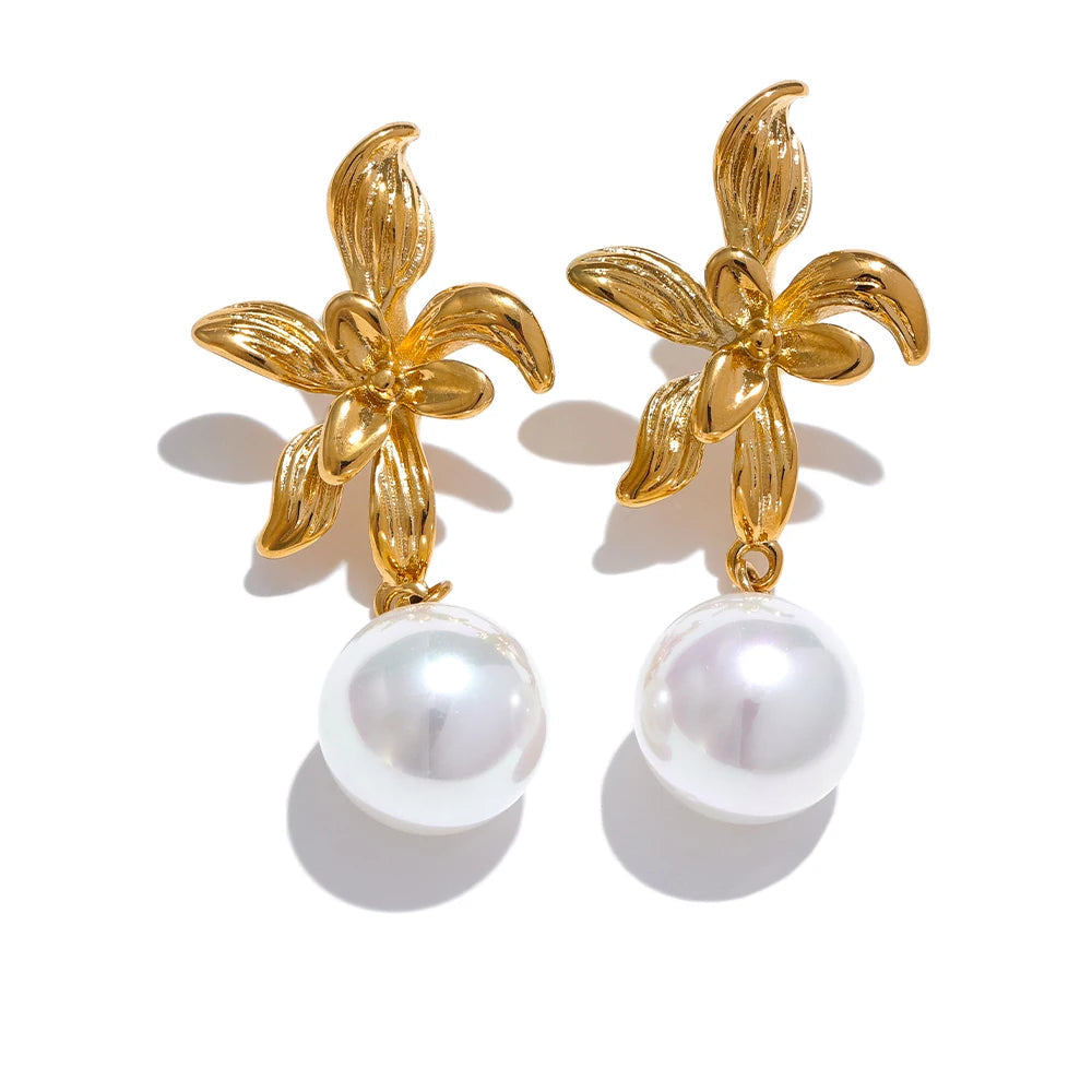 Yhpup-Brincos de aço inoxidável com pérolas imitadas para mulheres, flor impermeável, acessórios elegantes para joias, moda coreana, novo