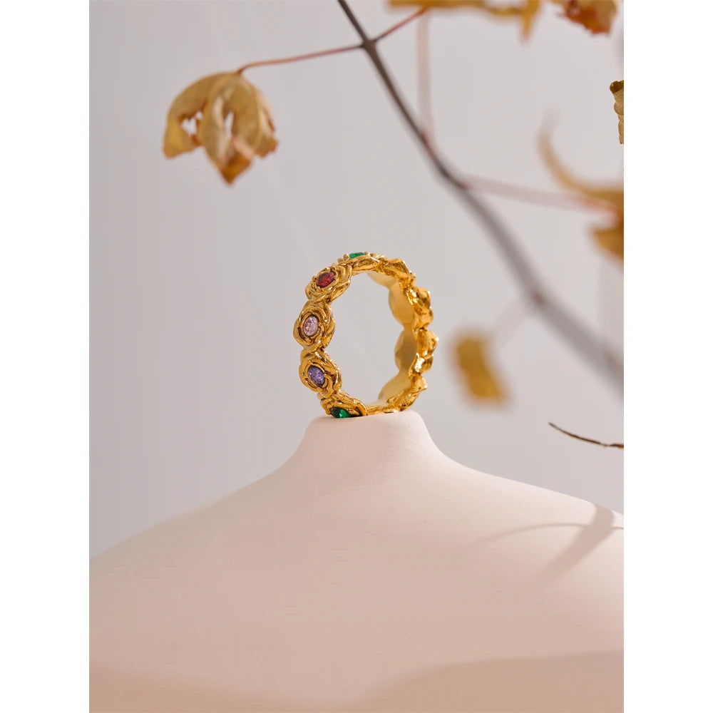 Yhpup Anel de flor de zircônia cúbica colorida 18K cor dourada PVD banhado a aço inoxidável moda dedo joias acessórios presente