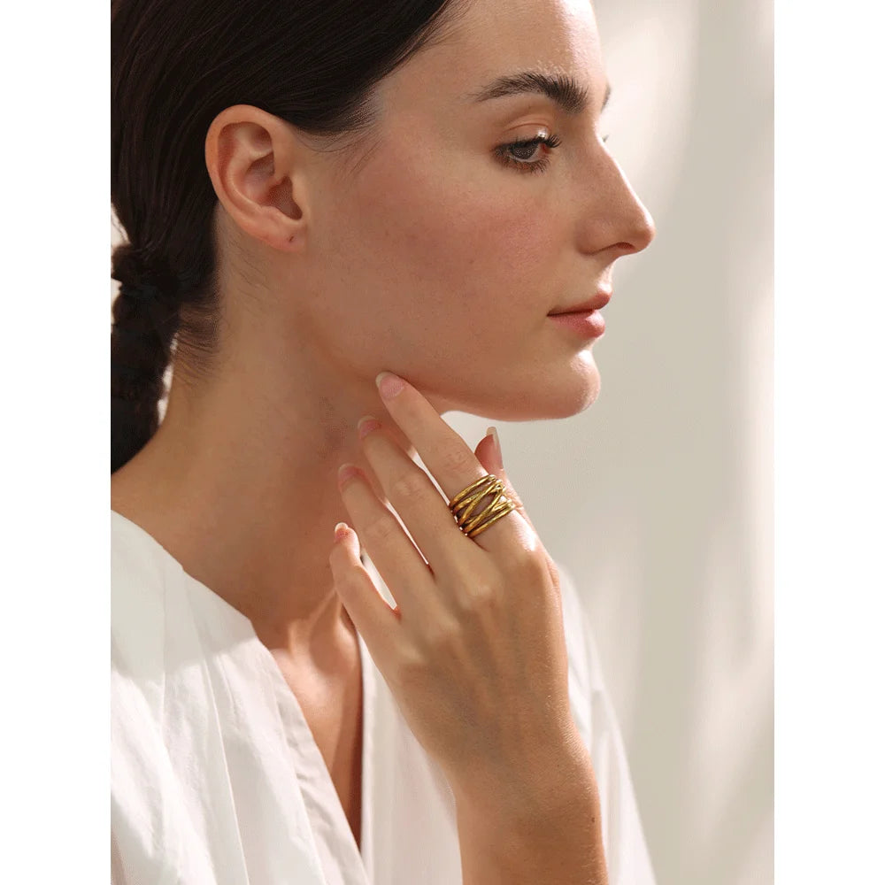 Yhpup Anel largo geométrico dourado de metal banhado a PVD 18K em aço inoxidável na moda cor dourada joias de declaração