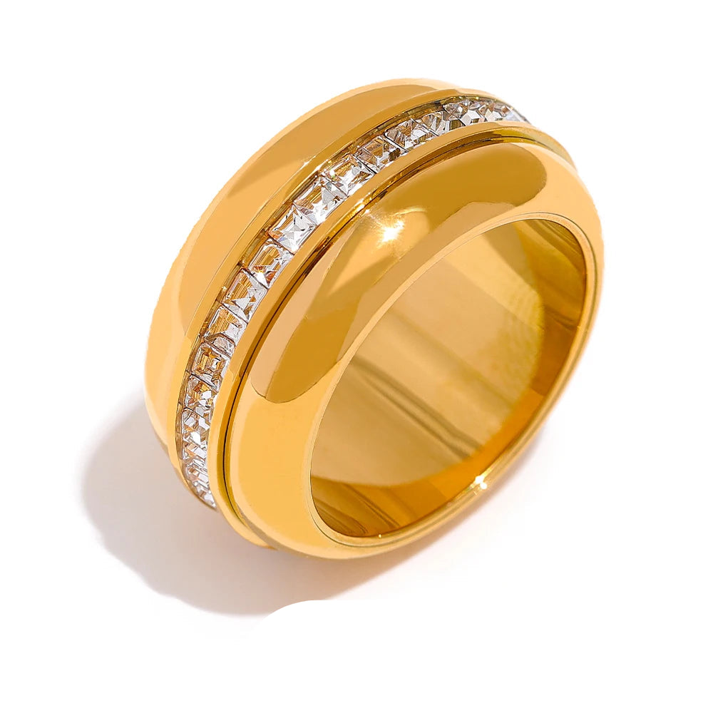 Yhpup rotatable cor do ouro grosso zircônia cúbica pedra anel de aço inoxidável textura à prova dwaterproof água moda metal redondo anillo jóias