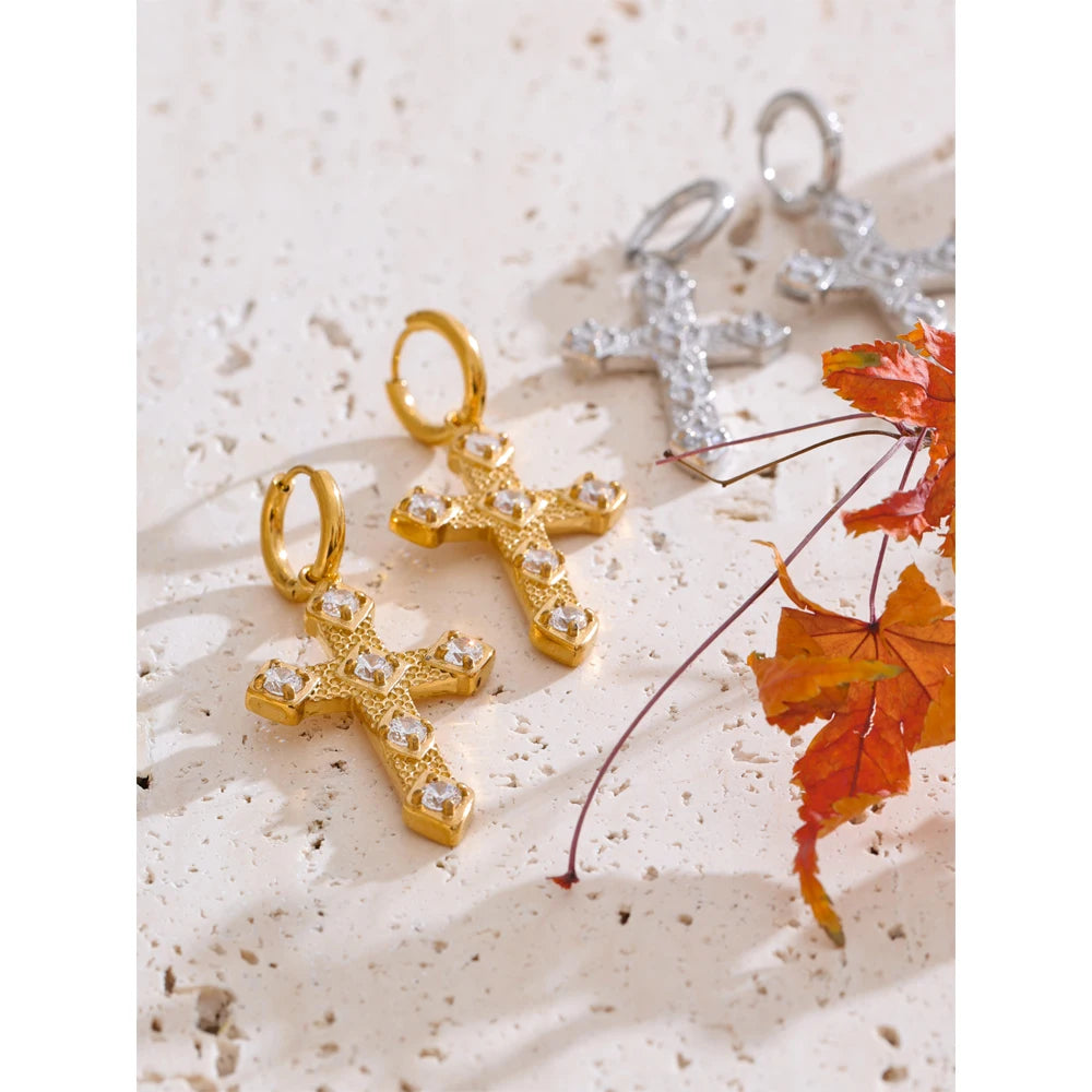 Yhpup tendência bling zircônia cúbica clássico cruz gota brincos de argola 18k cor ouro pvd banhado a aço inoxidável jóias requintadas