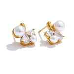 Yhpup suave pérola bling zircônia cúbica flor delicado brincos mancha resistente aço inoxidável chique doce jóias presente