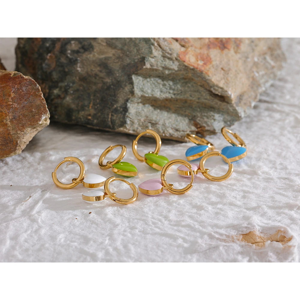 Yhpup-Brincos de argola feminina com esmalte de coração, charme impermeável fofo na moda, joias coloridas de verão, presente de gala, aço inoxidável