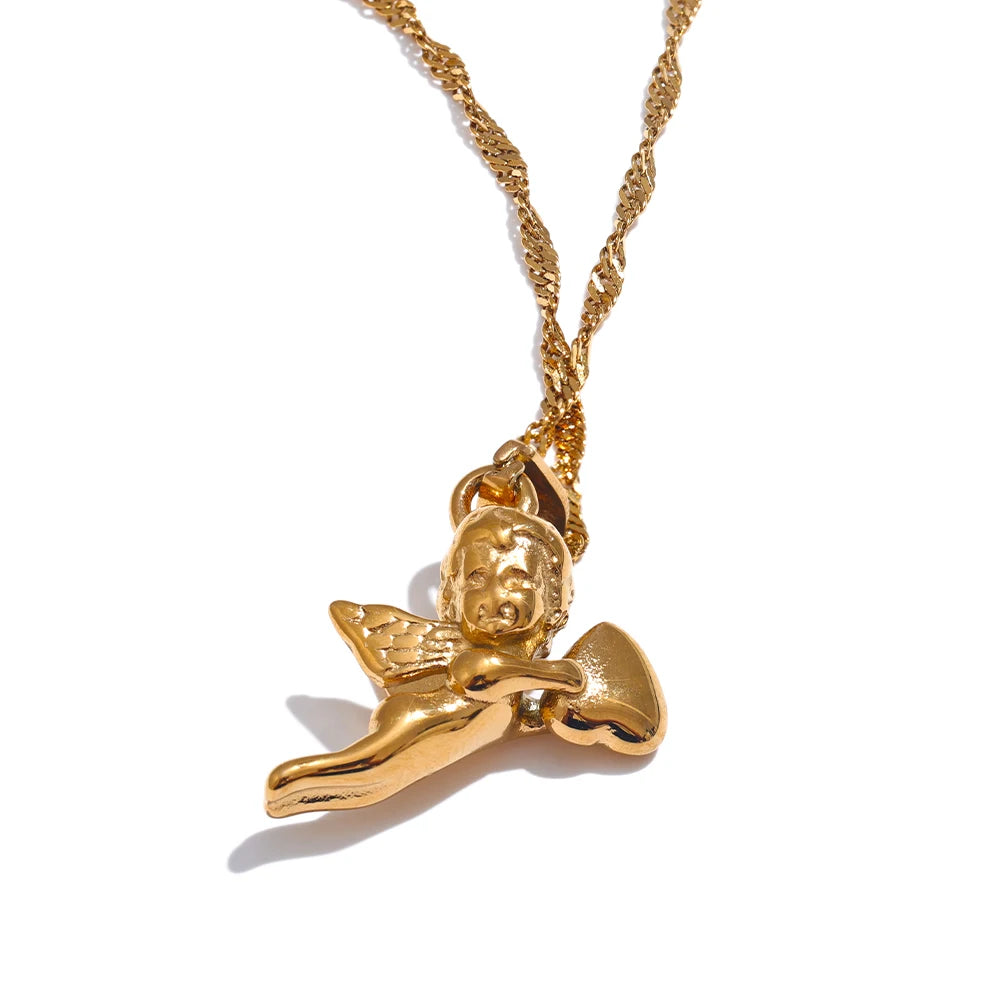 Yhpup-Colar De Pingente De Coração De Anjo, Aço Inoxidável, 18K PVD Banhado, Impermeável, Expressando Amor, Bênção, Jóias Presente, Acessórios