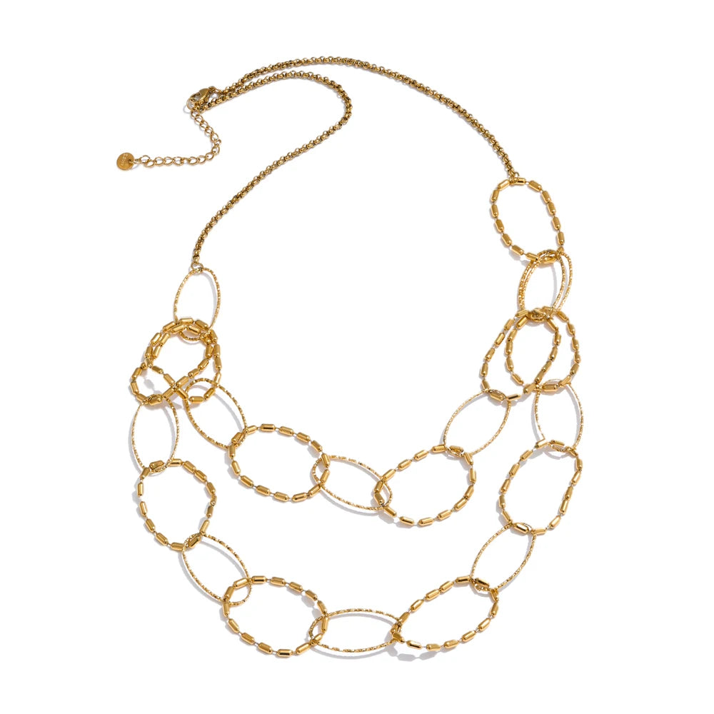 Yhpup círculo de aço inoxidável link dupla camada corrente colar dourado resistente à água metal moda declaração jóias acessórios