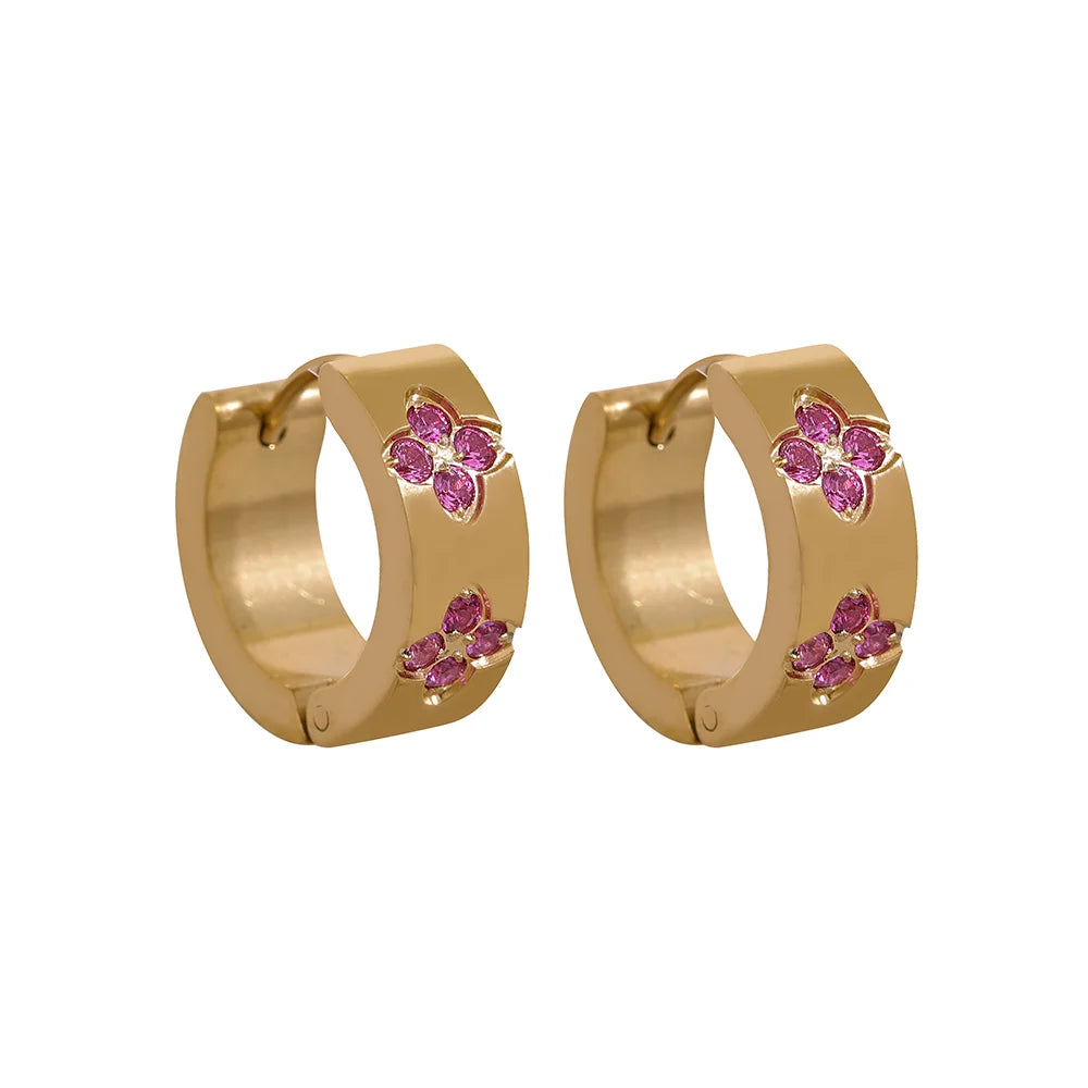 Yhpup requintado rosa verde branco zircônia cúbica aço inoxidável redondo chique brincos de argola feminino alta qualidade jóias à prova dwaterproof água