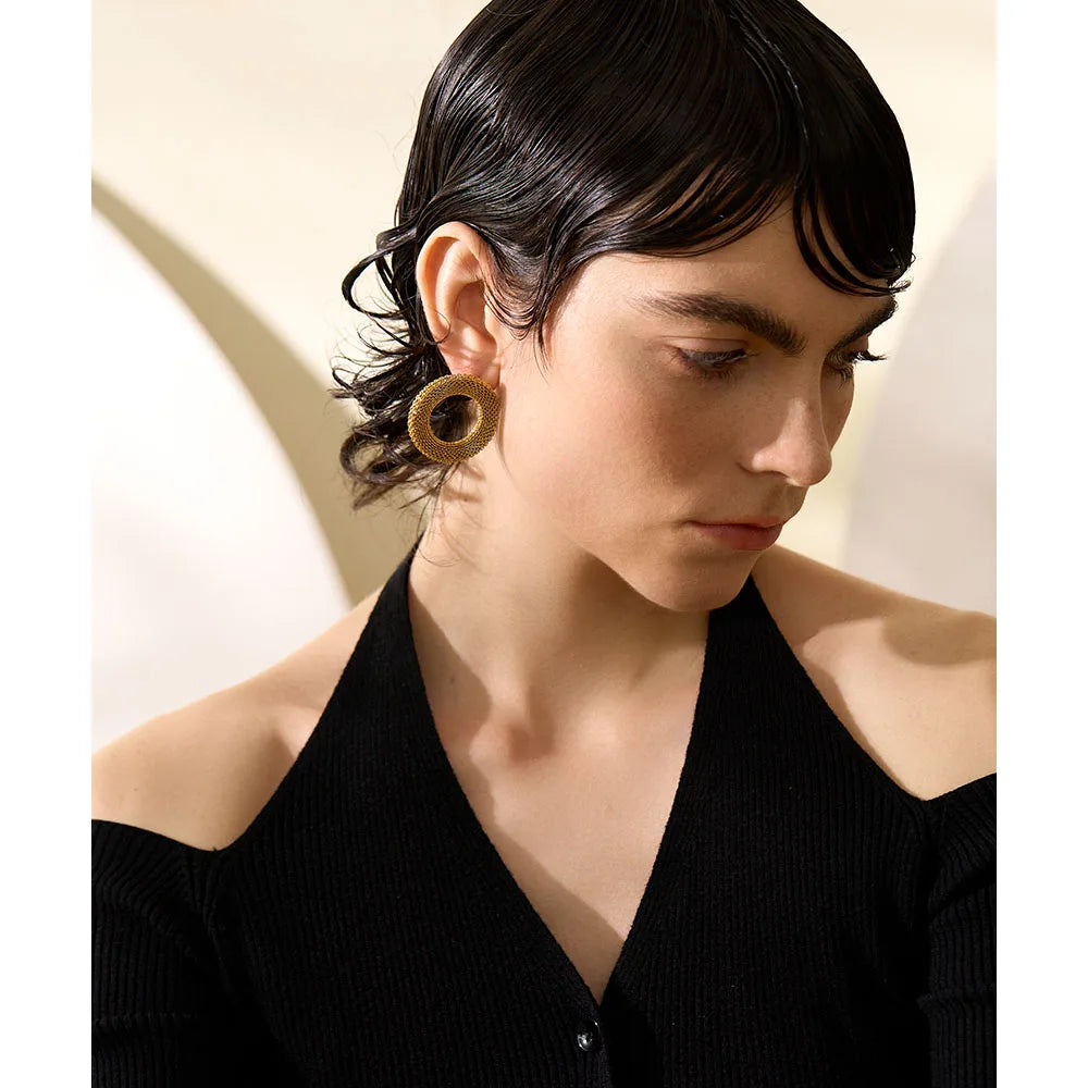 Yhpup 37mm à prova de ferrugem aço inoxidável redondo oco grandes brincos femininos charme textura de metal declaração cor de ouro jóias novo