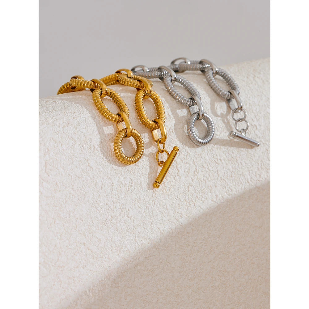 Yhpup 316L Aço Inoxidável Textura de Metal Pulseira de Corrente Oval Pulseira Homens Mulheres 18K PVD Banhado Toggle-Fechos Jóias de Declaração
