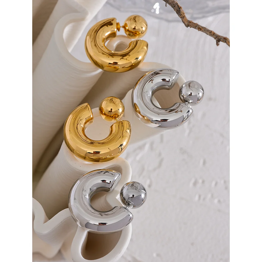 Yhpup Brincos redondos grossos em forma de C de aço inoxidável, joias incomuns, textura de metal à prova d'água, acessórios atraentes para mulheres, presente