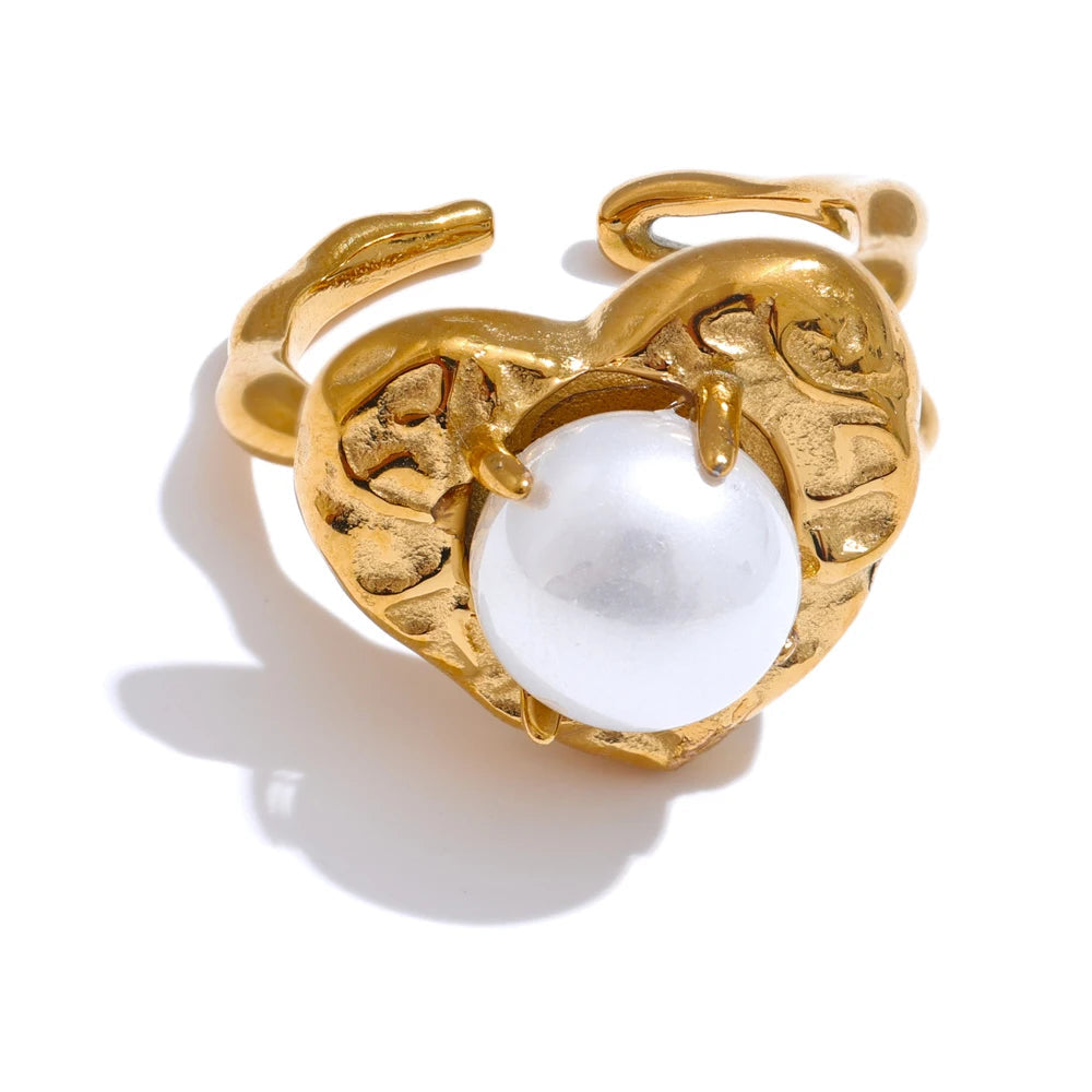 Yhpup elegante moda aço inoxidável pérolas simuladas coração amor anel aberto dourado atraente romântico joias de dedo