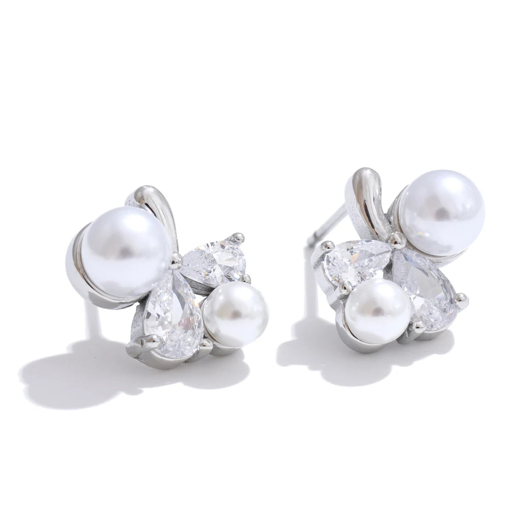 Yhpup suave pérola bling zircônia cúbica flor delicado brincos mancha resistente aço inoxidável chique doce jóias presente