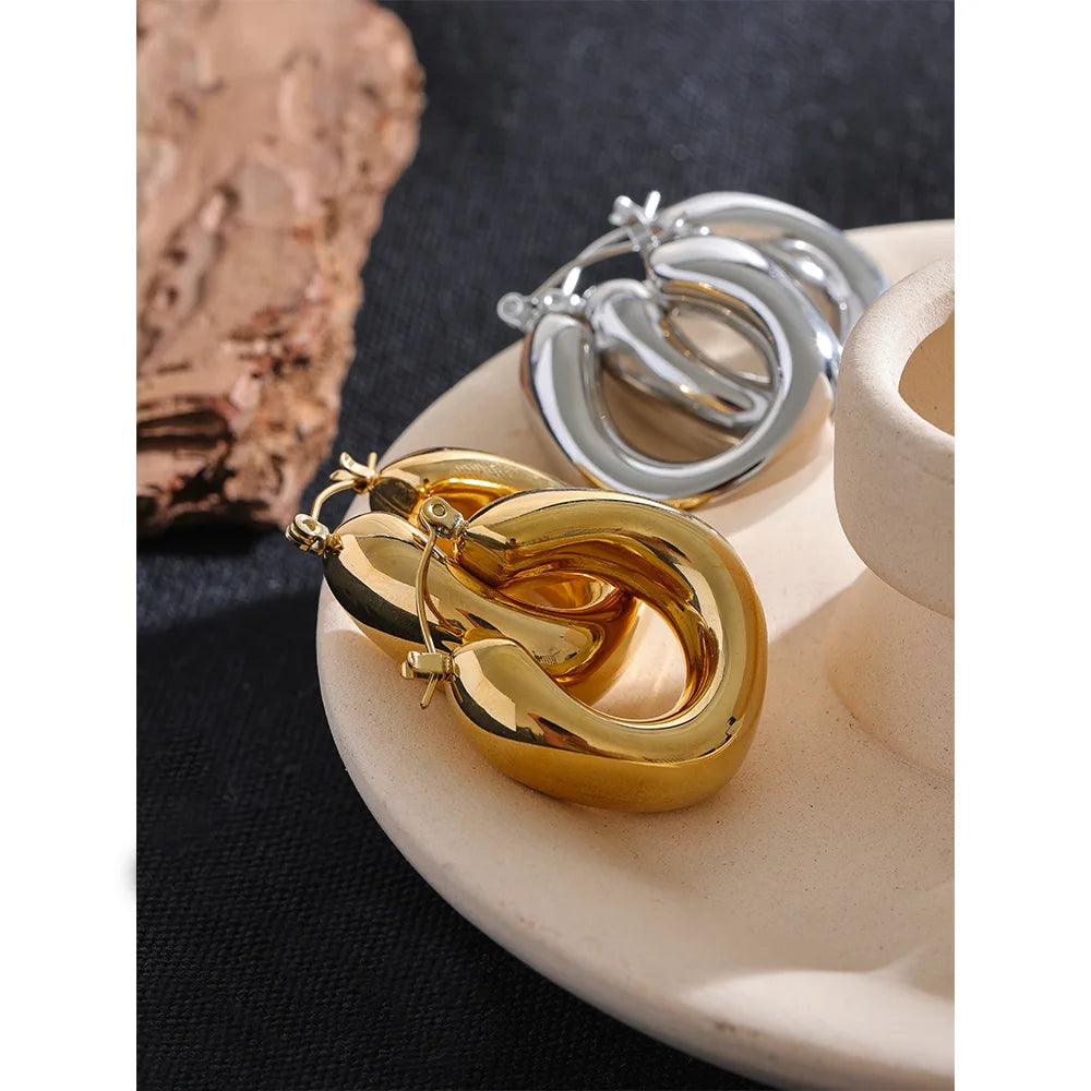 Yhpup brincos de argola grossos geométricos redondos de aço inoxidável de alta qualidade para mulheres charme metal simples joias da moda à prova d'água