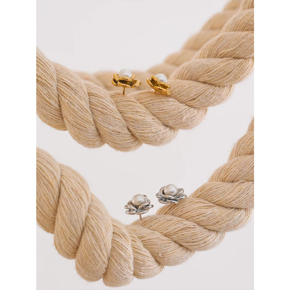 Yhpup brincos modernos de imitação de pérolas e flores para mulheres, pingente diário de aço inoxidável, joias versáteis, presente recomendado