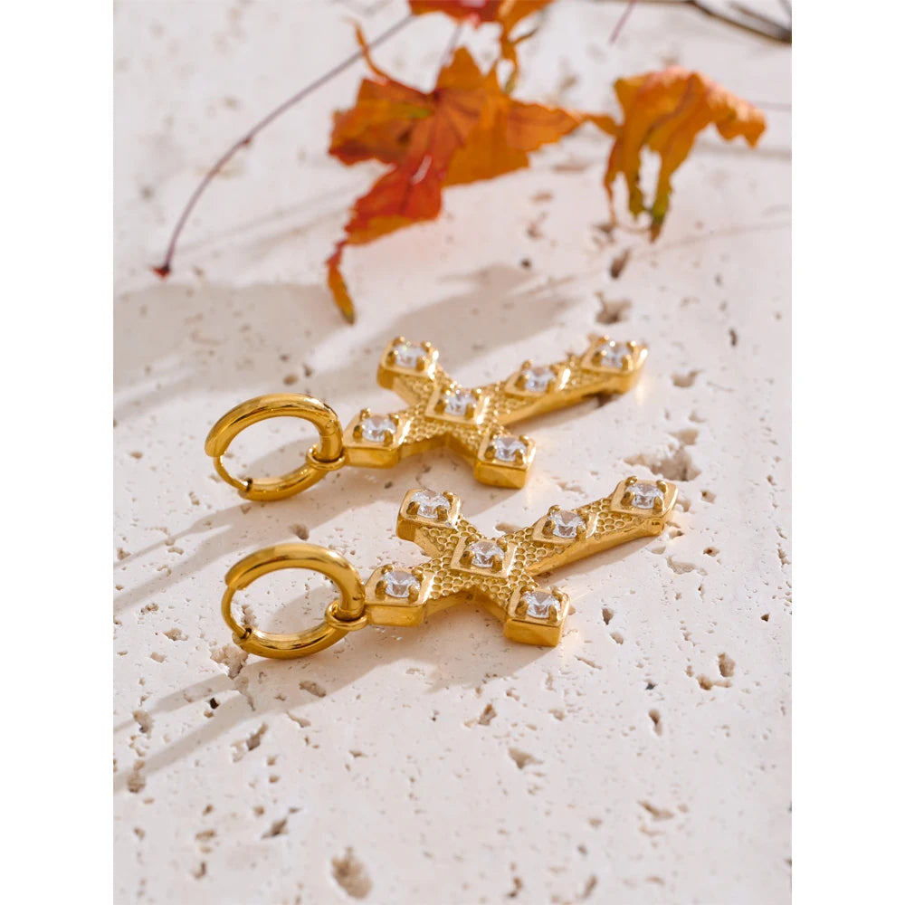 Yhpup tendência bling zircônia cúbica clássico cruz gota brincos de argola 18k cor ouro pvd banhado a aço inoxidável jóias requintadas