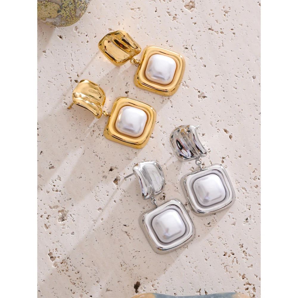 Yhpup elegância imitação de pérolas brincos quadrados anti alérgicos aço inoxidável atraente popular coreano jóias presente