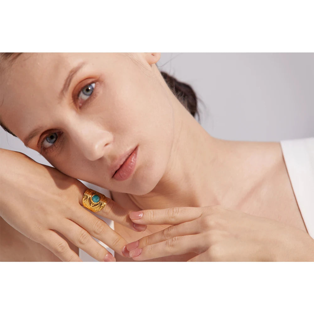 Yhpup vintage vermelho azul pedra natural anel aberto de aço inoxidável joias da moda para mulheres