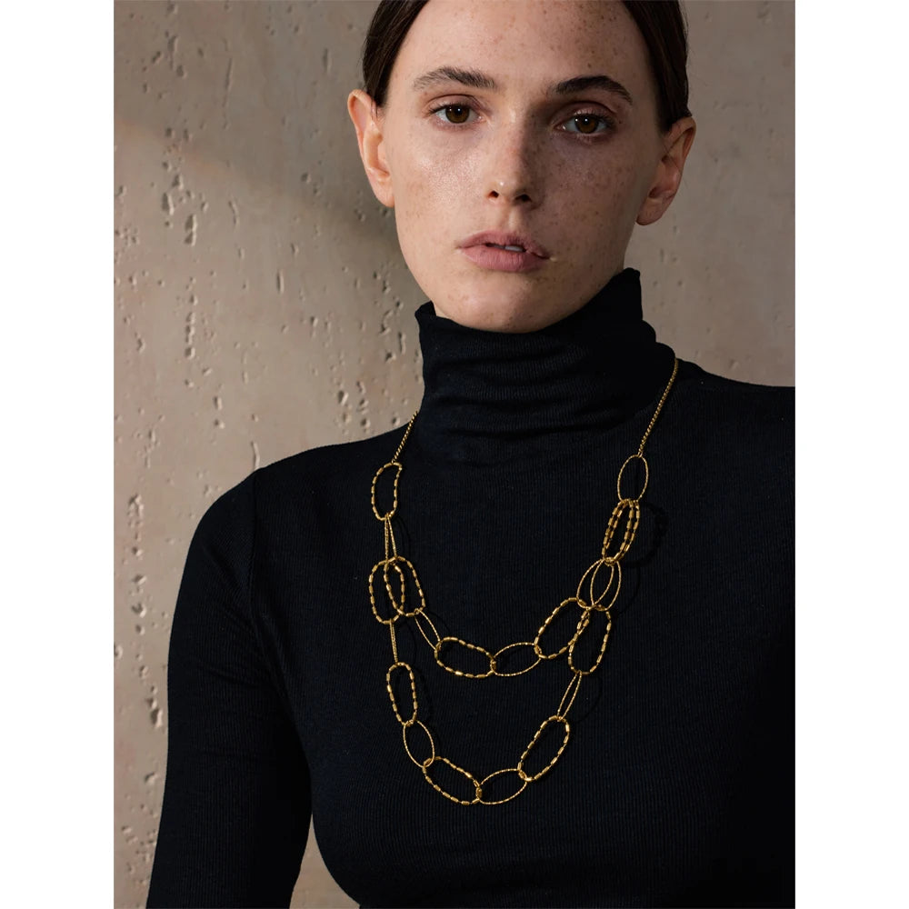 Yhpup círculo de aço inoxidável link dupla camada corrente colar dourado resistente à água metal moda declaração jóias acessórios