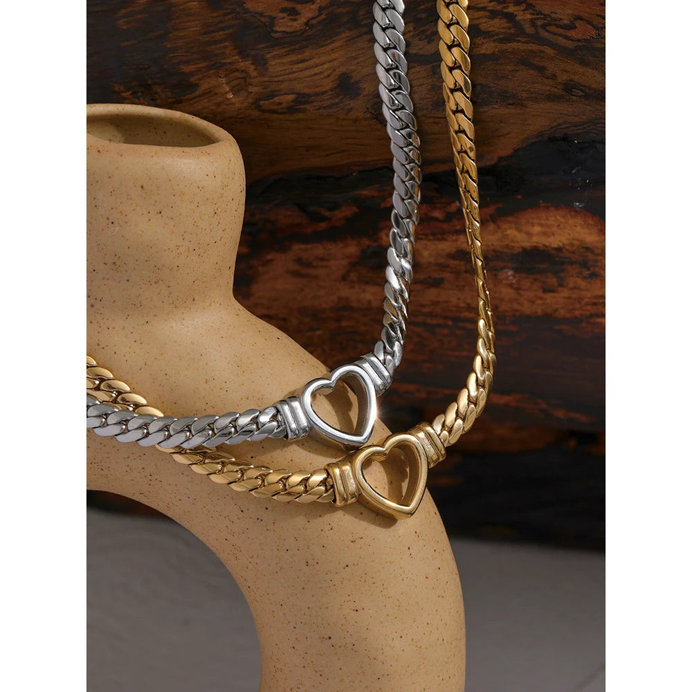 Yhpup coração corrente colar de aço inoxidável para mulheres moda textura de metal colar plano à prova dwaterproof água presente namorada