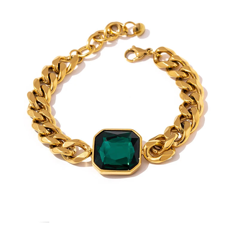Yhpup verde cristal aço inoxidável ouro pulseiras bangle para mulher hip hop grosso chain18 k chapeado punk moda pulseiras novo