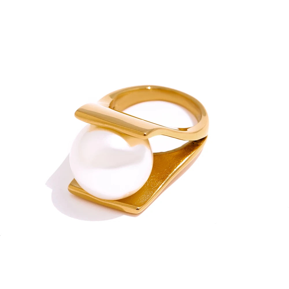 Yhpup novas jóias de aço inoxidável elegante imitação de pérolas anel para mulheres na moda anel de noivado de metal dourado bijoux femme presente
