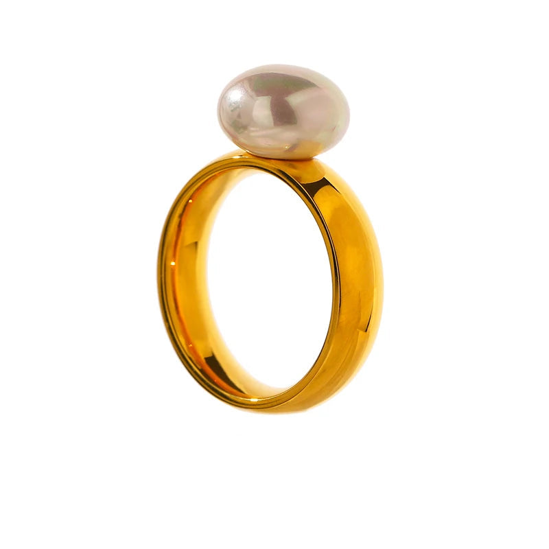 Yhpup elegante concha pérola anel moda ouro aço inoxidável textura de metal 18 k banhado geométrico charme jóias feminino noivado