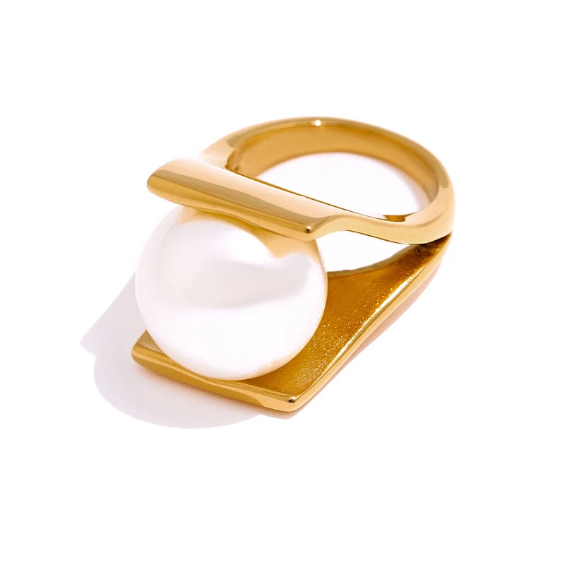 Yhpup novas jóias de aço inoxidável elegante imitação de pérolas anel para mulheres na moda anel de noivado de metal dourado bijoux femme presente